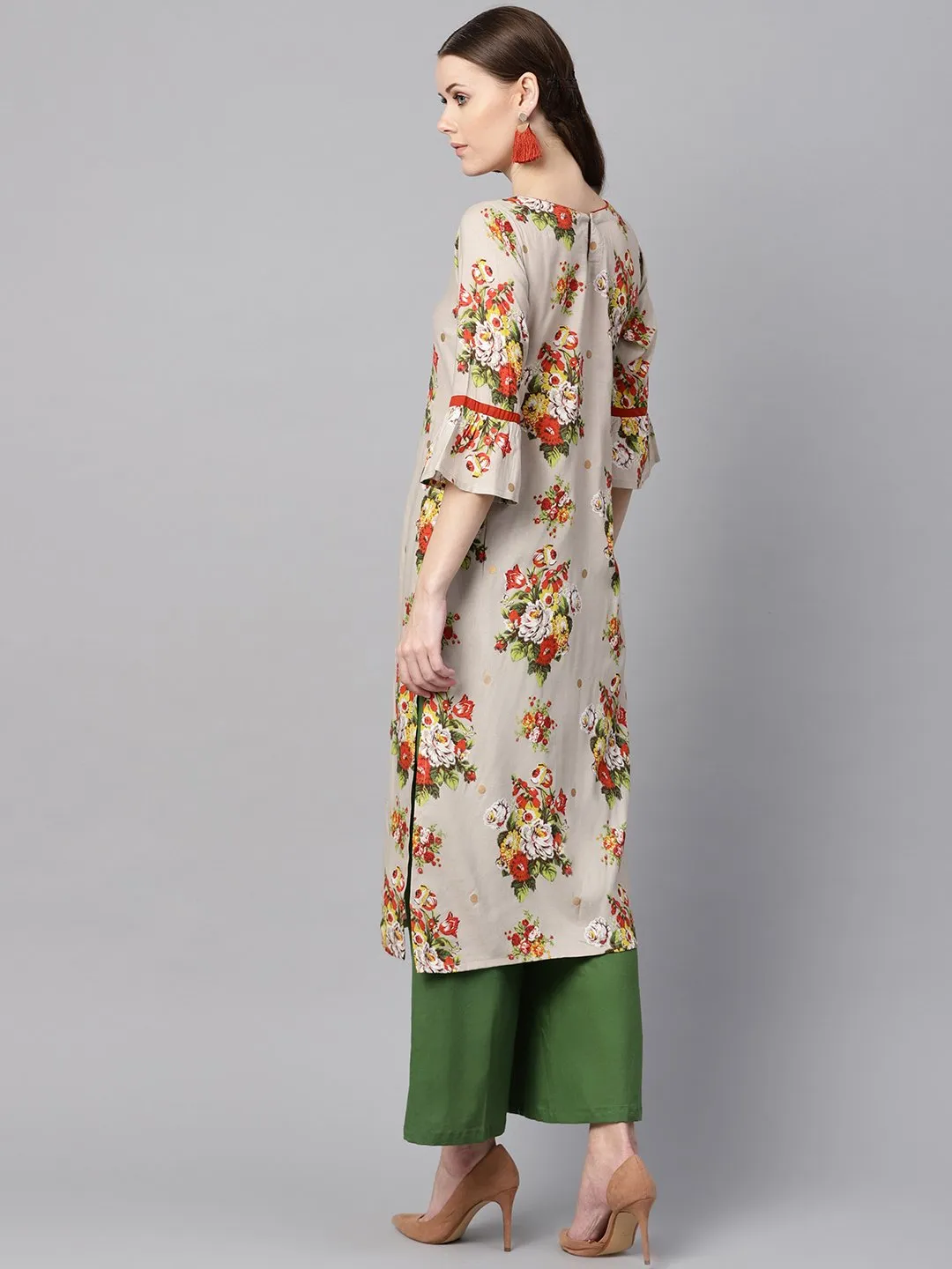 Floral Gold Khadi Printed Straight Kurta With Gathered Sleeves & Solid Olive Green Pallazo