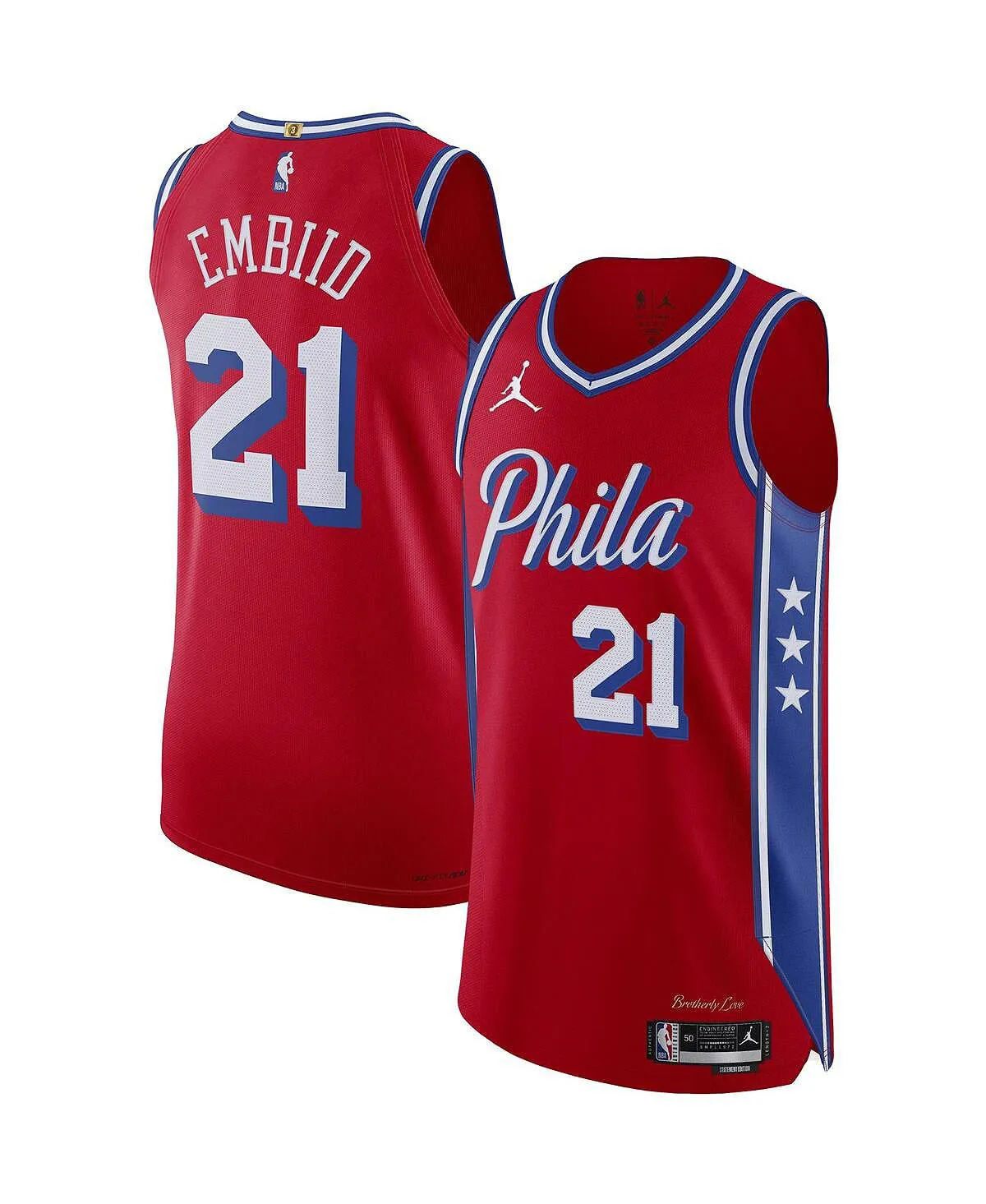 Men's brand joel embiid red philadelphia 76ers 2022/23 authentic jersey - statement edition Jordan, red