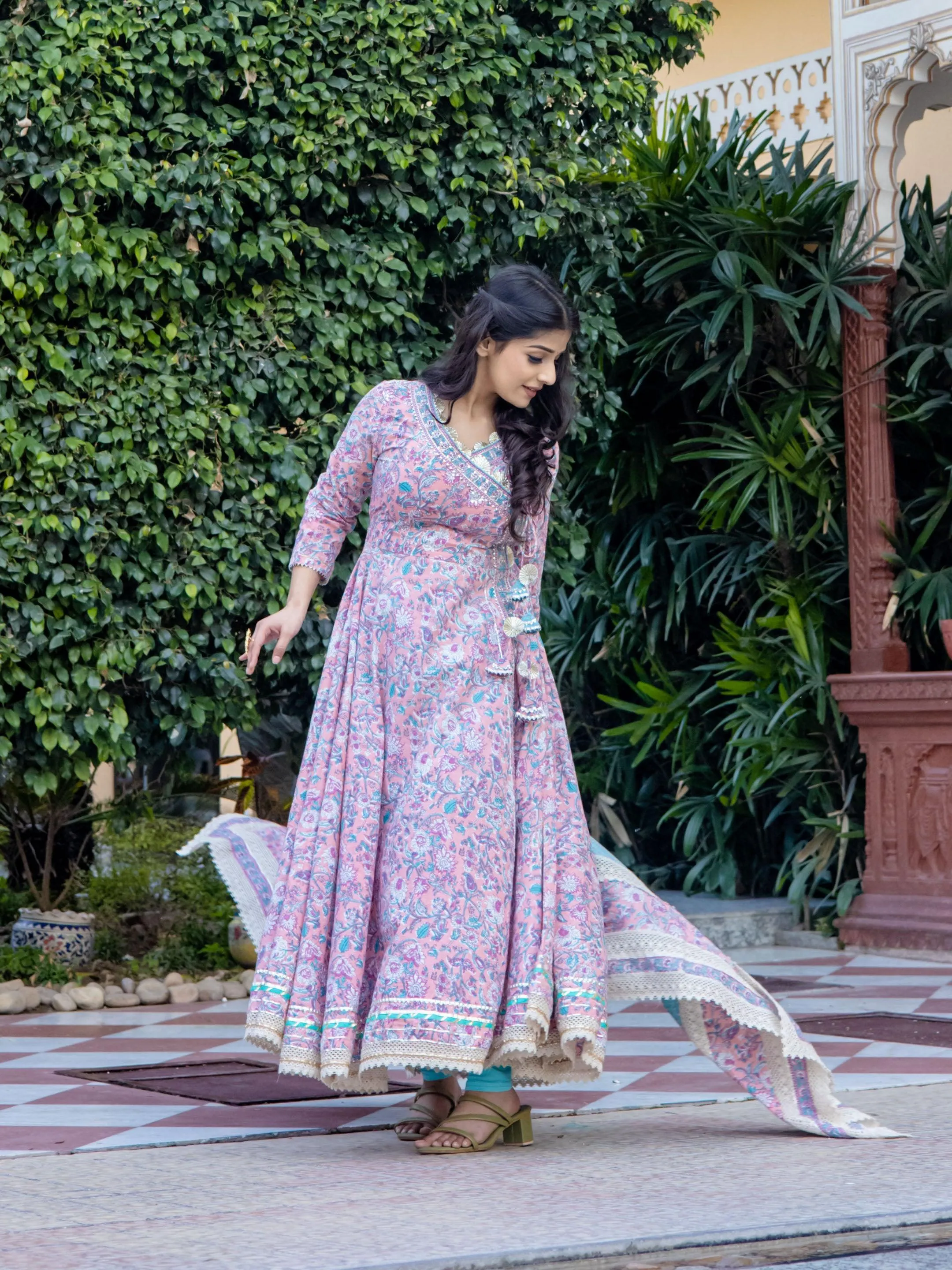 Pink Cotton Floral Printed Anarkali Kurta Pant Set With Dupatta