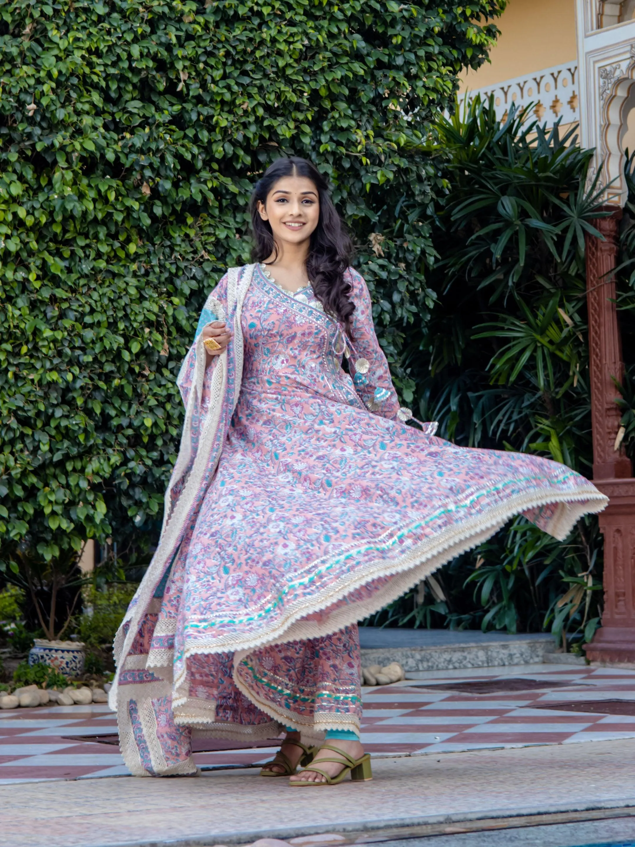 Pink Cotton Floral Printed Anarkali Kurta Pant Set With Dupatta