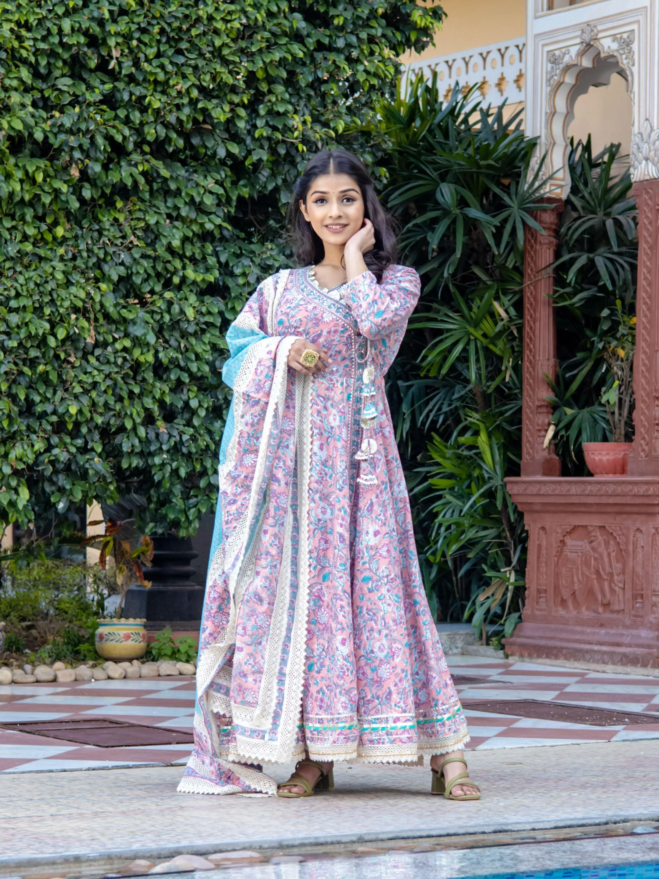 Pink Cotton Floral Printed Anarkali Kurta Pant Set With Dupatta