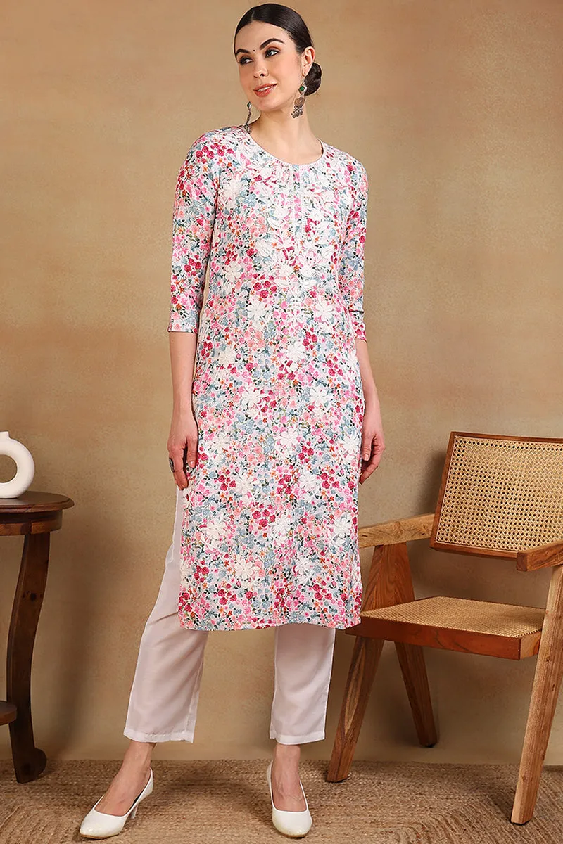 White Cotton Blend Embroidered Floral Printed Straight Kurta